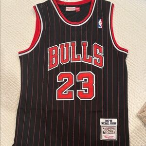 Jordan Bulls Black and Red Pinstripe Jersey